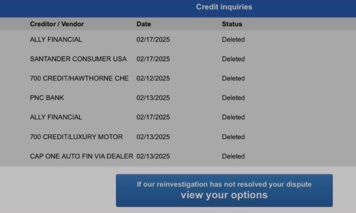 Credit report showing multiple inquiries marked deleted