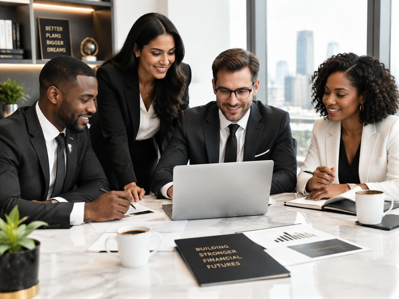 The EM Financial team collaborating in the office